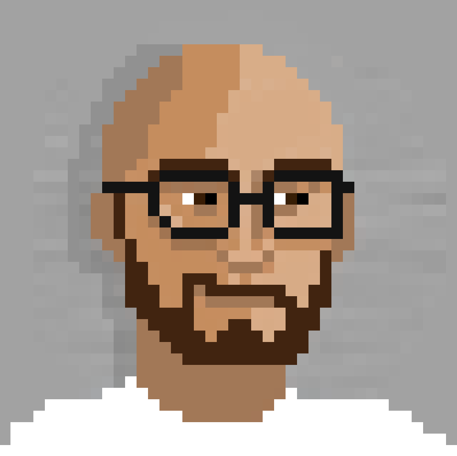 Pixel art of my bust with grey background, white shirt, bald head with full brown beard and glasses with a black frame.